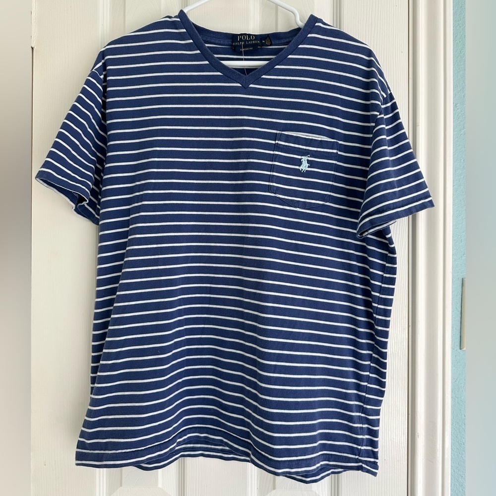 Polo by Ralph Lauren men's navy/white pocket striped s/s v-neck t-shirt size M